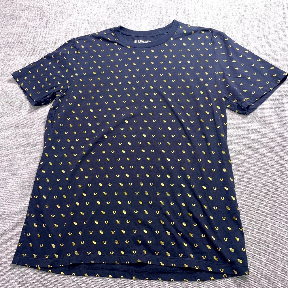 True Religion T Shirt Mens L Navy Blue Allover Monogram Short Sleeve Crew Neck